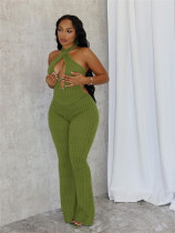 Hanging neck tie, backless jumpsuit, flared pants