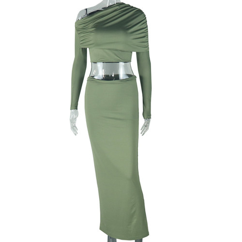 Umbilical long skirt long sleeved diagonal collar two-piece set