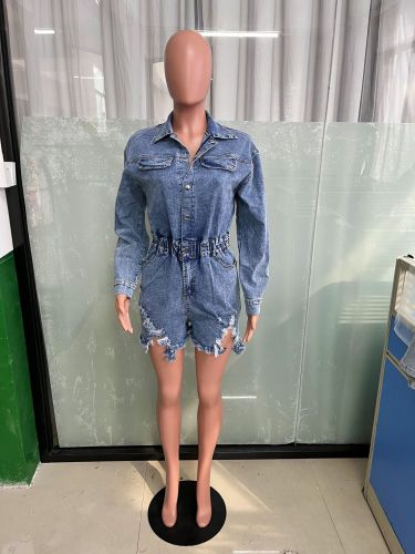 High elasticity perforated tassel loose wash denim jumpsuit jumpsuit