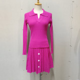 Long sleeved knitted sweater top pleated short skirt knitted suit
