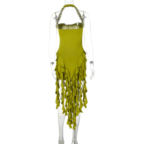 Hanging neck, sleeveless, exposed backpack, irregular buttocks dress