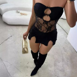 Lace patchwork hollowed out strapless slit dress