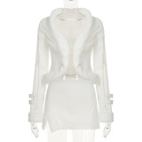 Warm wool strip splicing waist cinching jacket top