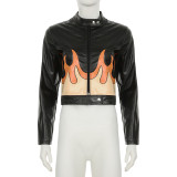 PU leather printed zipper long sleeved cardigan jacket with high waist, hip hugging, short skirt set