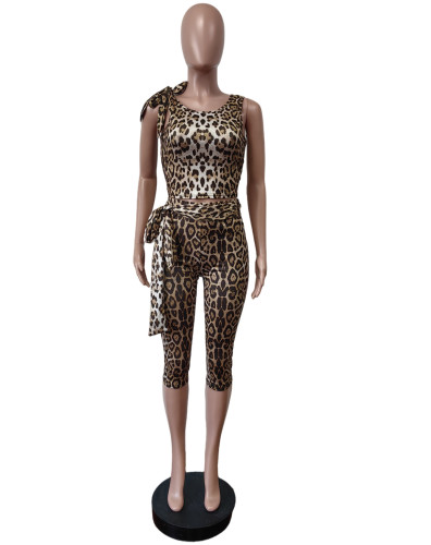 Leopard print elastic lace up cropped pants set