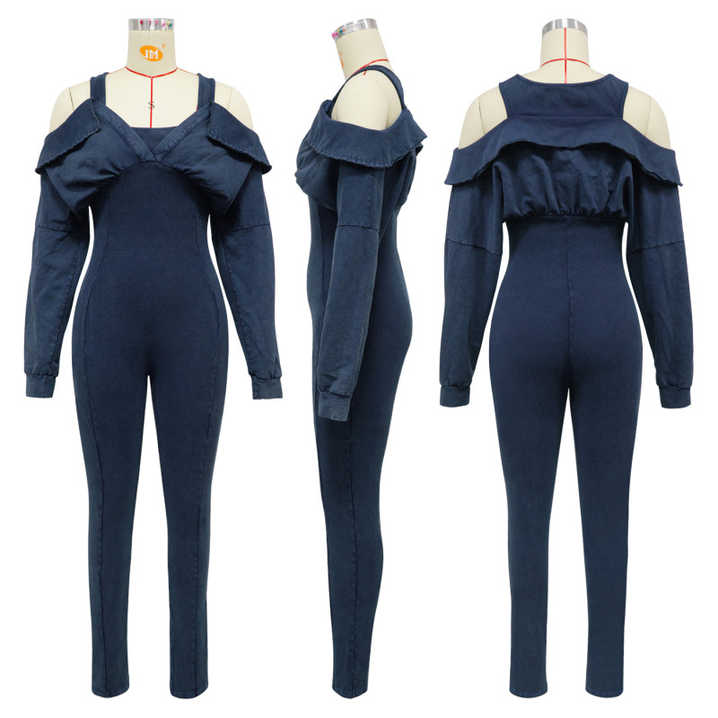 Washed and worn off shoulder tight jumpsuit