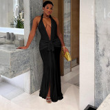 Backless hanging neck deep V-neck solid color slit dress