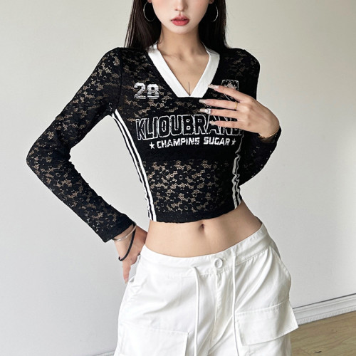 Solid color exposed navel V-neck long sleeved printed top