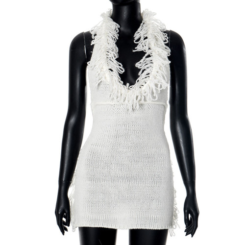 Backless lace up neck hanging tassel knit dress