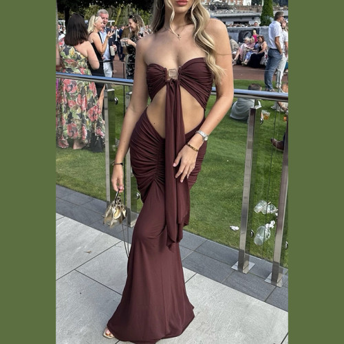 Wrinkled high waist exposed navel dress