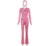 Printed hooded cardigan top leopard print high waisted tight pants set