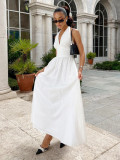 Cotton waist cinched V-neck suspender long dress