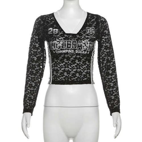 Solid color exposed navel V-neck long sleeved printed top