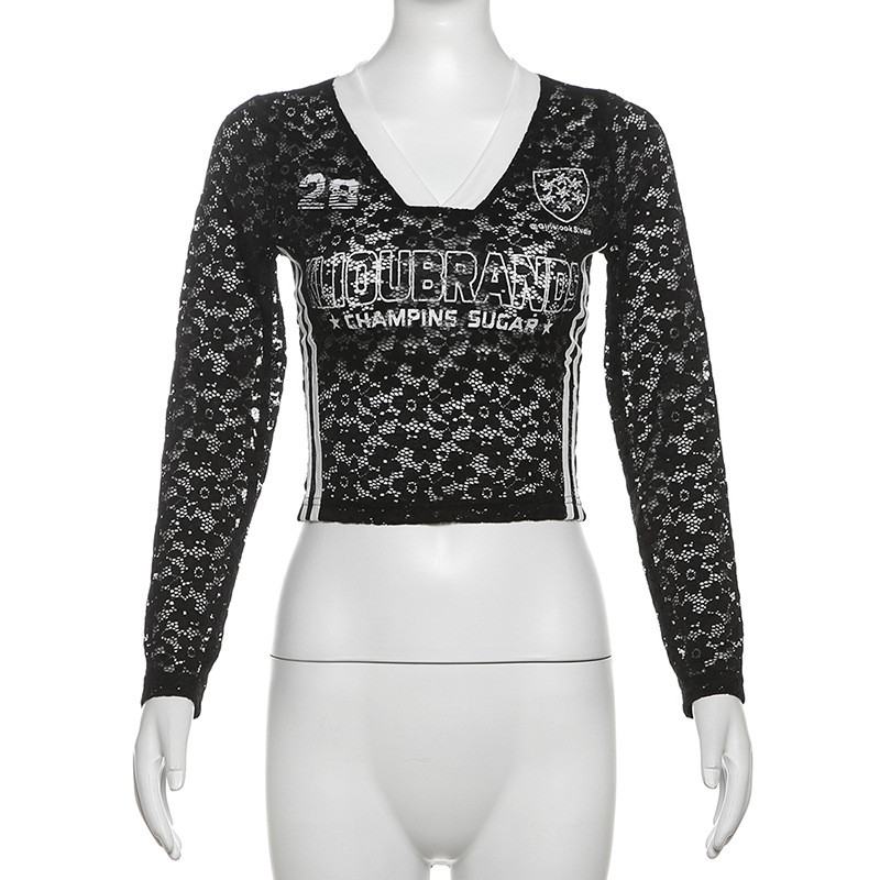 Solid color exposed navel V-neck long sleeved printed top