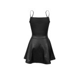 PU leather camisole dress matte low cut pleated short skirt
