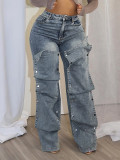 Nail buckle decoration loose denim pants
