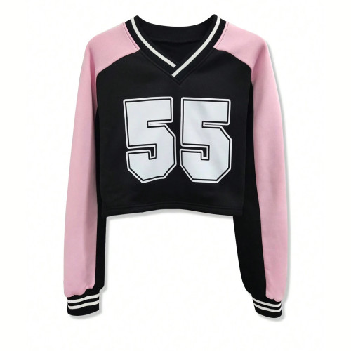 Digital printed ball jersey loose long sleeved V-neck sweatshirt