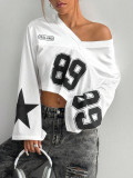 Short V-neck long sleeved digital graphic T-shirt