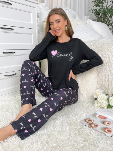 Home clothes, pajamas, two-piece set, heart-shaped letter long sleeved shirt, long pants set