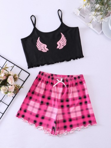 Casual Home Clothes Strap Sleepwear Checkered Shorts Set
