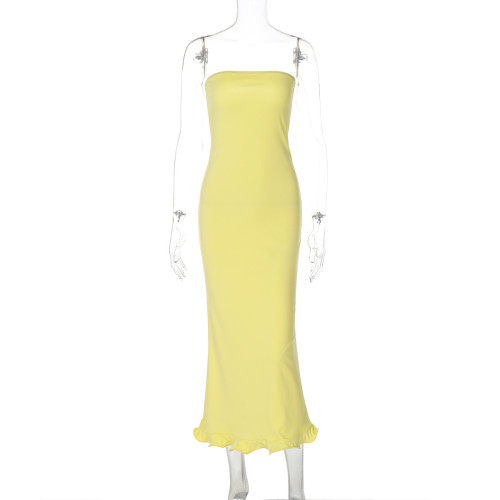 Strapless sleeveless long wavy skirt hem dress