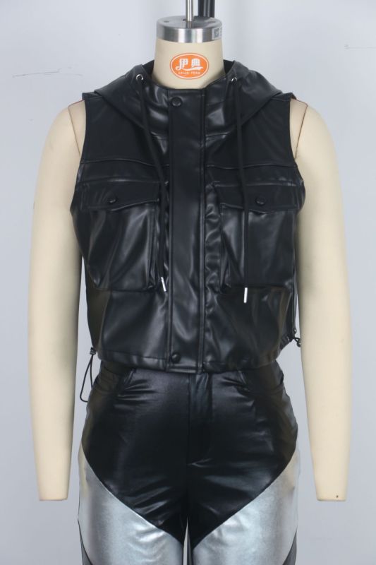 Drawstring hooded pocket PU leather zipper short vest leather jacket