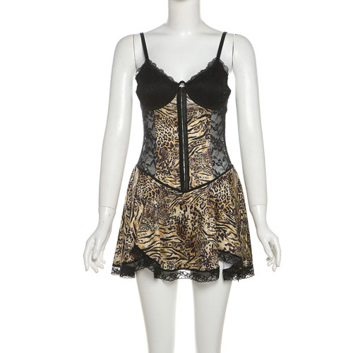 Backless see through lace leopard print patchwork camisole short skirt