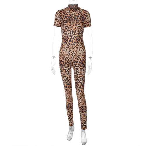Leopard print short sleeved backless jumpsuit