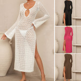 Side slit hollow metal buckle V-neck flared sleeve sunscreen cover, long skirt