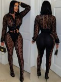 Printed mesh see through shirt and pants set