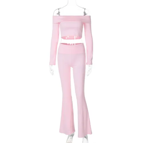 One shoulder long sleeved top, flared pants two-piece set