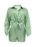 Long sleeved shorts shirt striped two-piece set