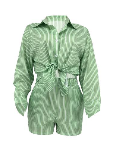 Long sleeved shorts shirt striped two-piece set