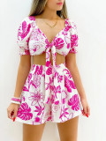 Tie up short sleeved shorts V-neck top two-piece set