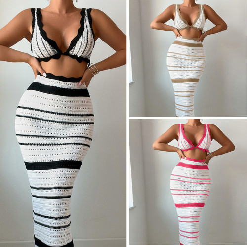 Striped beach bikini long dress set