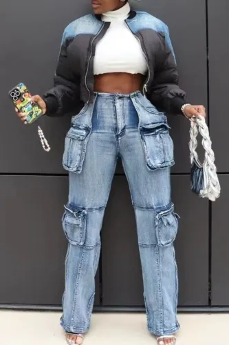 Splicing multi pocket accordion denim pants