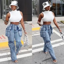 Splicing multi pocket accordion denim pants