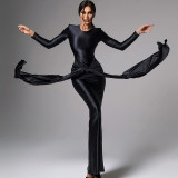 Round neck long sleeved dress with mid waist tie and ribbon skirt