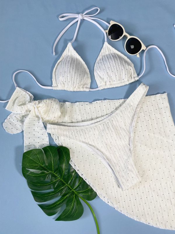 Triangular neck hanging veil bikini three piece set