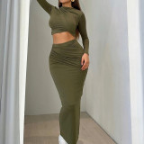 Round neck irregular long sleeved crop top half skirt two-piece set