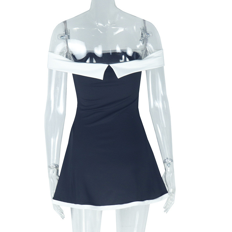 One collar color blocked backless high waisted short dress