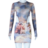 Round neck see through long sleeved jumpsuit with printed bag and hip skirt, two-piece set