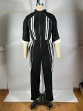 Stand up collar, shoulder down, waist cinching, zipper jumpsuit pants