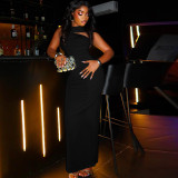 Metal pleated one-step skirt with hip wrap and neck hanging, long dress
