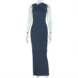 Metal pleated one-step skirt with hip wrap and neck hanging, long dress