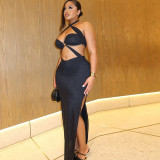 Slim fit split hip skirt with pleated hanging neck and exposed back long dress