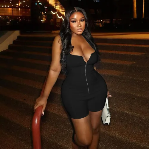Hanging neck zipper jumpsuit shorts, backless straight leg pants