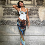 Halo printed pleated top with tied rope skirt set