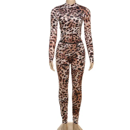 Half high neck contrasting leopard print tight pants two-piece set