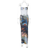 Halo printed pleated top with tied rope skirt set